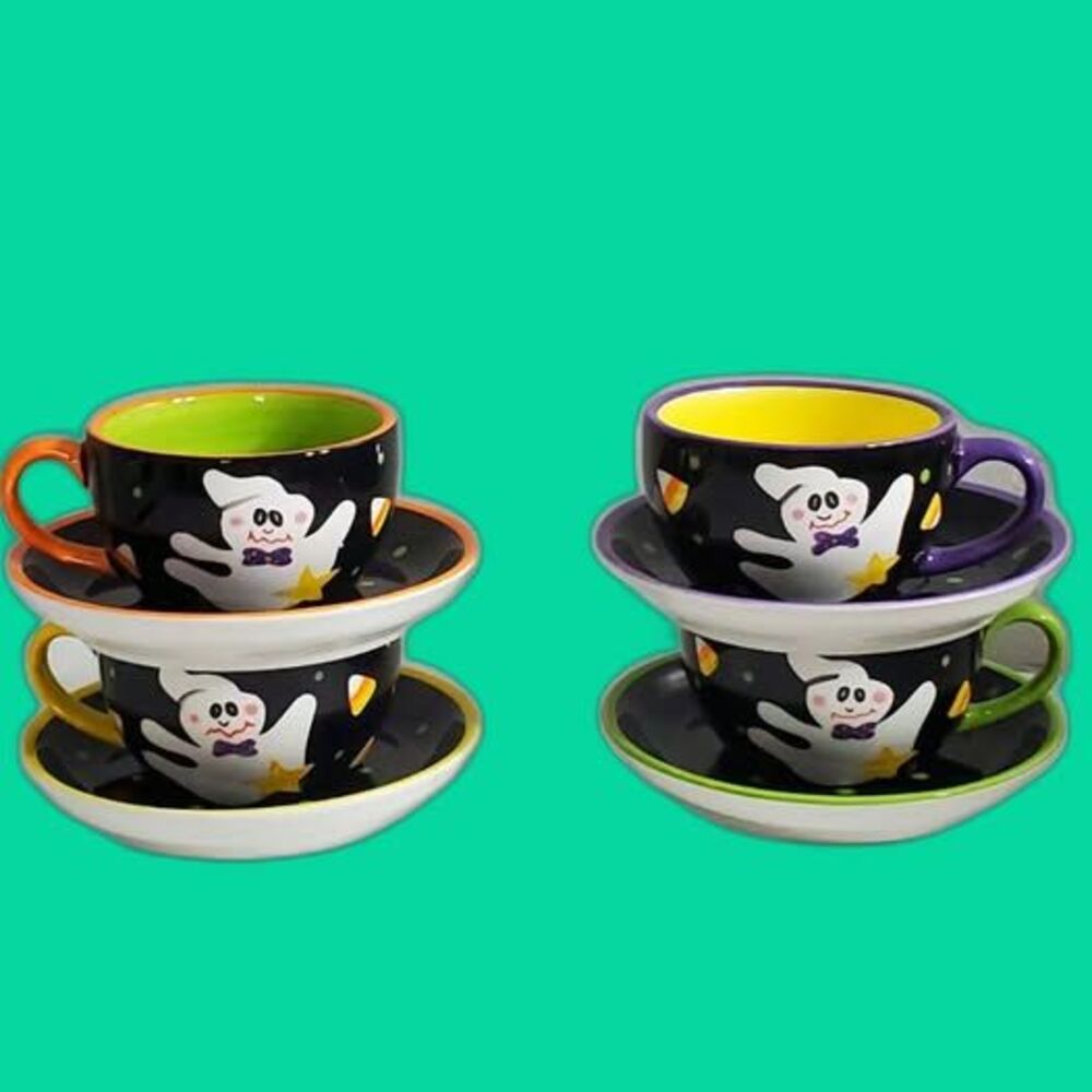 Vintage Halloween Ghost Teacups & Saucers Set - Black Ceramic Tea Cups 4pc